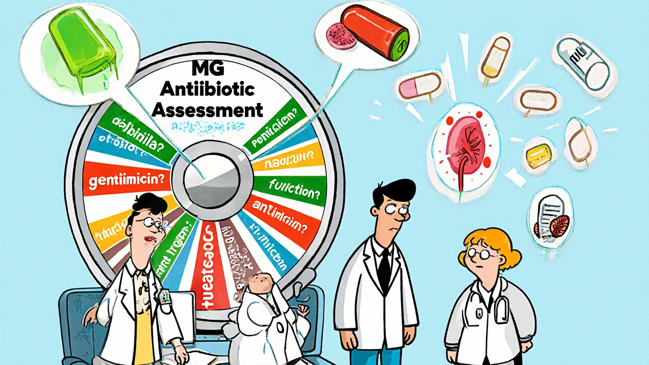A decision wheel spins to help choose safe antibiotics for MG patients, with glowing safe drugs and flashing risky ones.