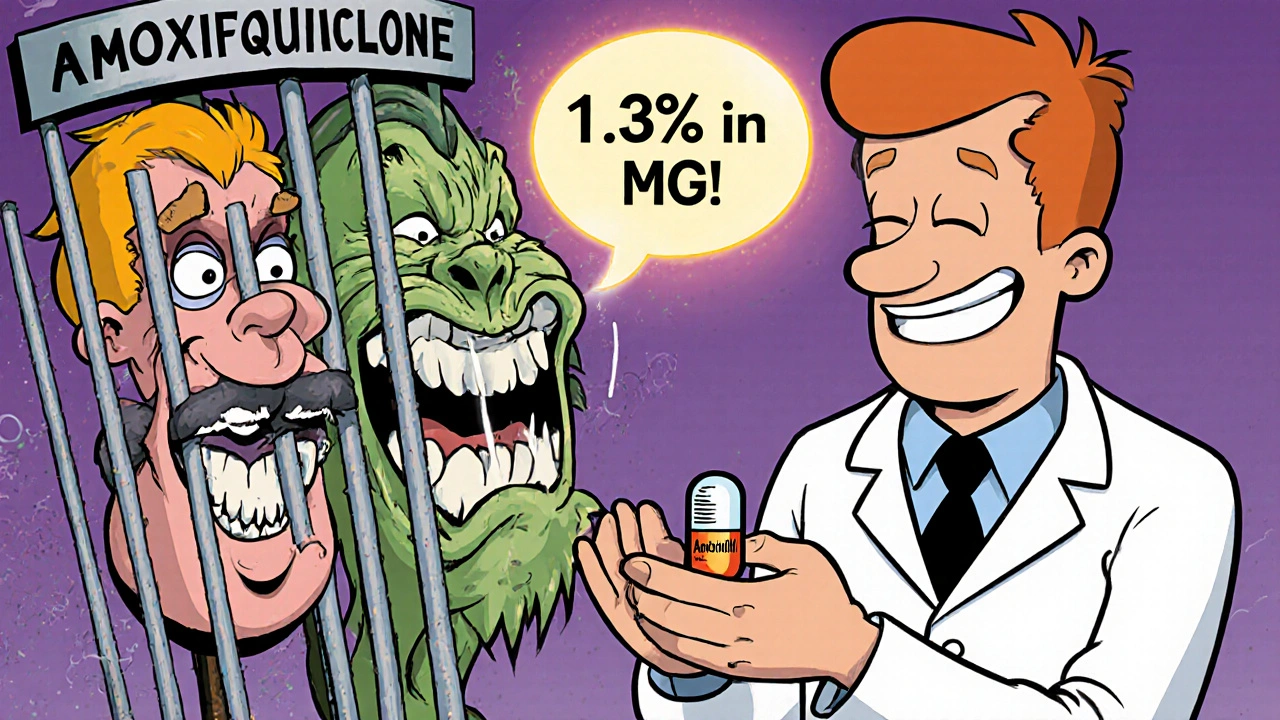 A doctor gives a safe amoxicillin pill while risky antibiotics are jailed, and infection retreats in a cartoon style.