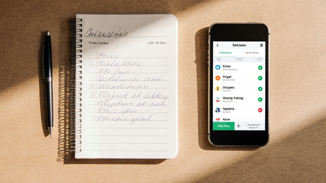 A notebook and smartphone side by side displaying seizure tracking entries.