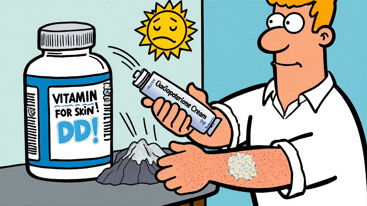 A pharmacist giving calcipotriene cream to a patient while oversized vitamin D pills sit unused.