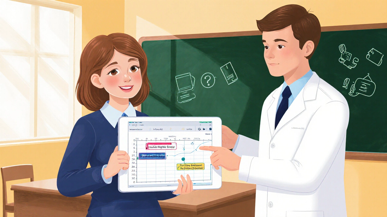 A teacher shows a seizure diary app to a neurologist in a classroom.