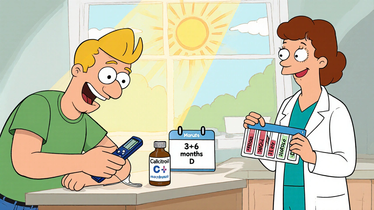 Adult checks blood sugar, sees calcitriol bottle, sunlight and lab tubes for safety monitoring.