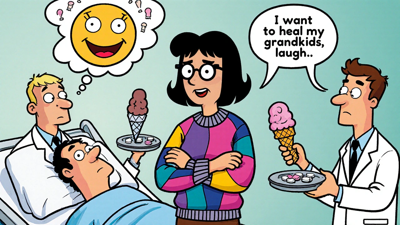 Agent stands firm in hospital as doctors argue over meds, patient's thought bubble shows happy ice cream moment.