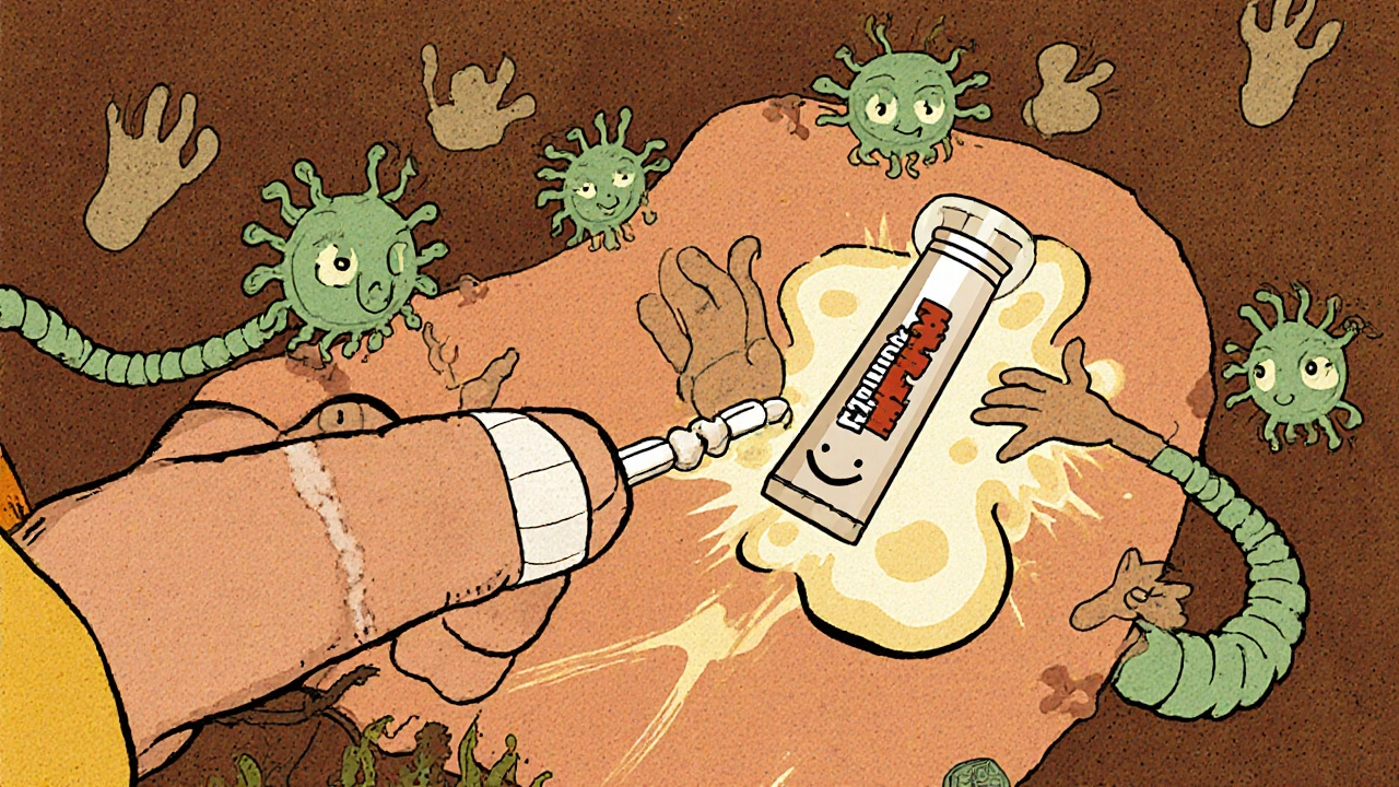 An adult applying ointment to a finger, with microbes running away and healing hands emerging from zinc oxide cream.