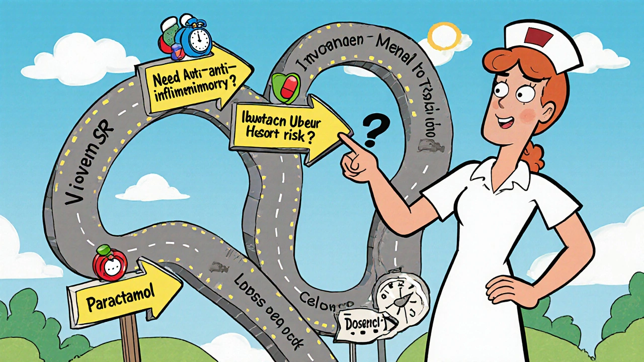 Animated nurse points to a colorful flowchart road map with pill icons for medication choices.