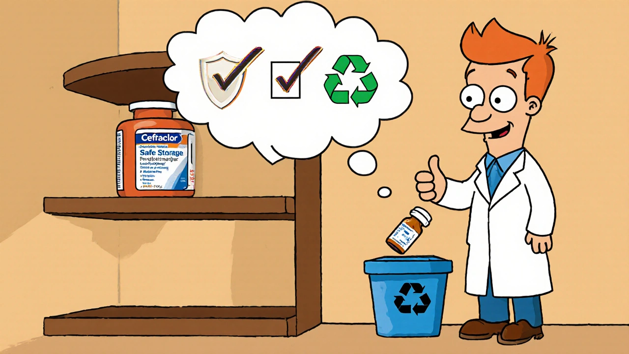 Bathroom shelf with Cefaclor bottle, recycling bin for pills, and a pharmacist near a drop‑off box.