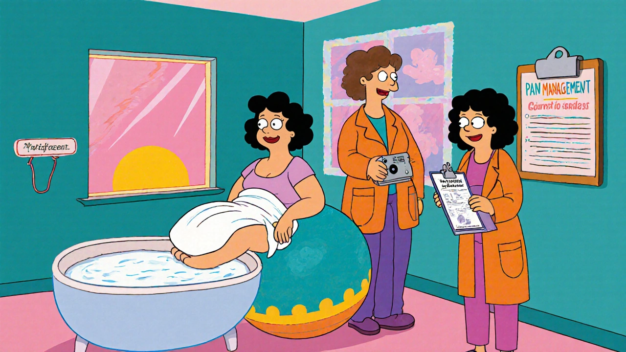 Birthing room with mother on a birth ball, water tub, nurse, and doula in cartoon style.