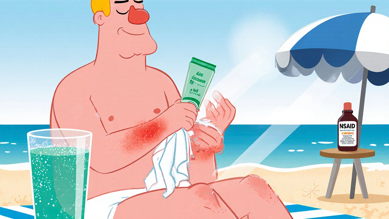 Cartoon character applying a cool compress and aloe gel to sun‑exposed skin.