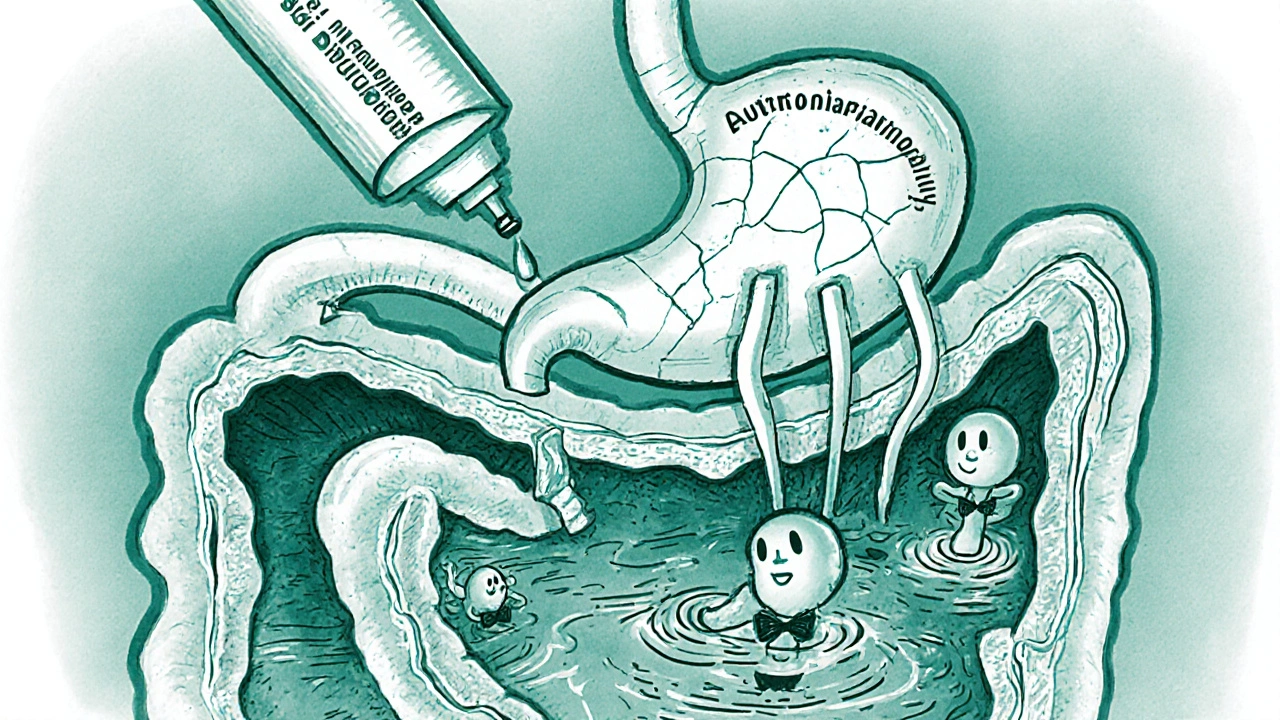 Cartoon cross‑section shows nerve damage, bacteria, and glucose affecting the gut.