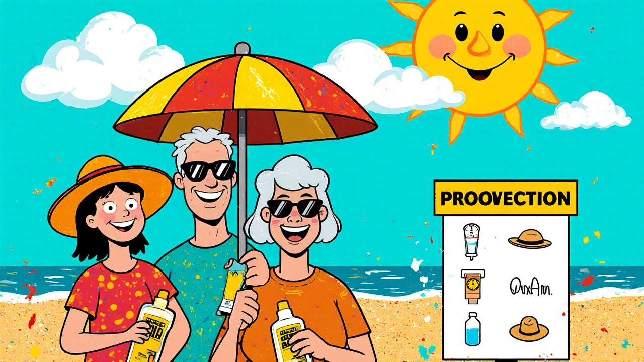 Cartoon family wearing sunscreen, hats, and sunglasses under a beach umbrella.