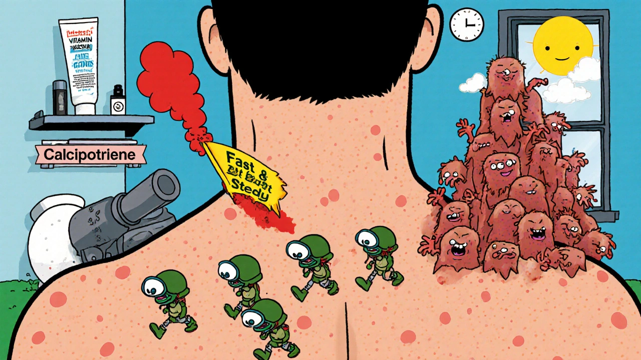 Cartoon soldiers made of vitamin D fighting scaly skin monsters on a human back.