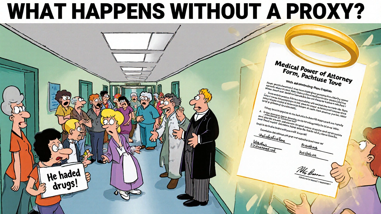 Chaotic hospital scene with arguing family and judge, while a glowing medical proxy form floats peacefully above.
