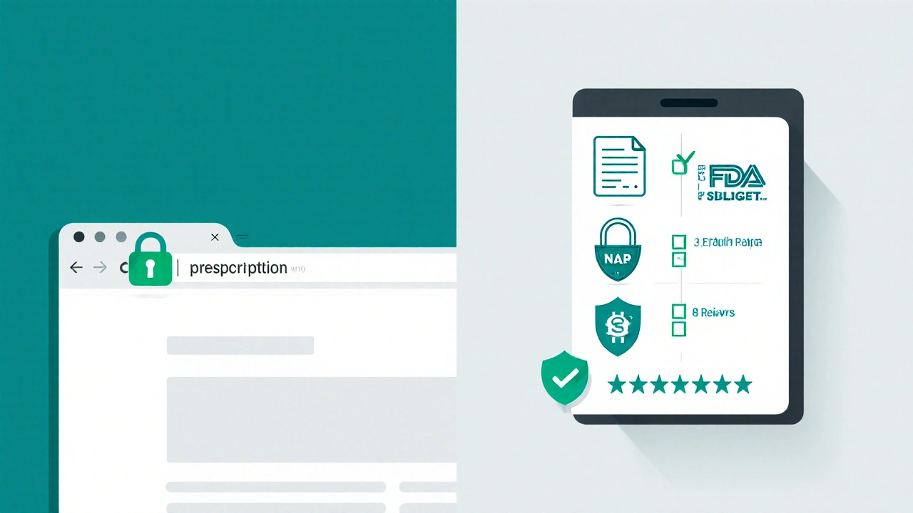 Checklist icons on a tablet showing safety verification steps for online pharmacies.