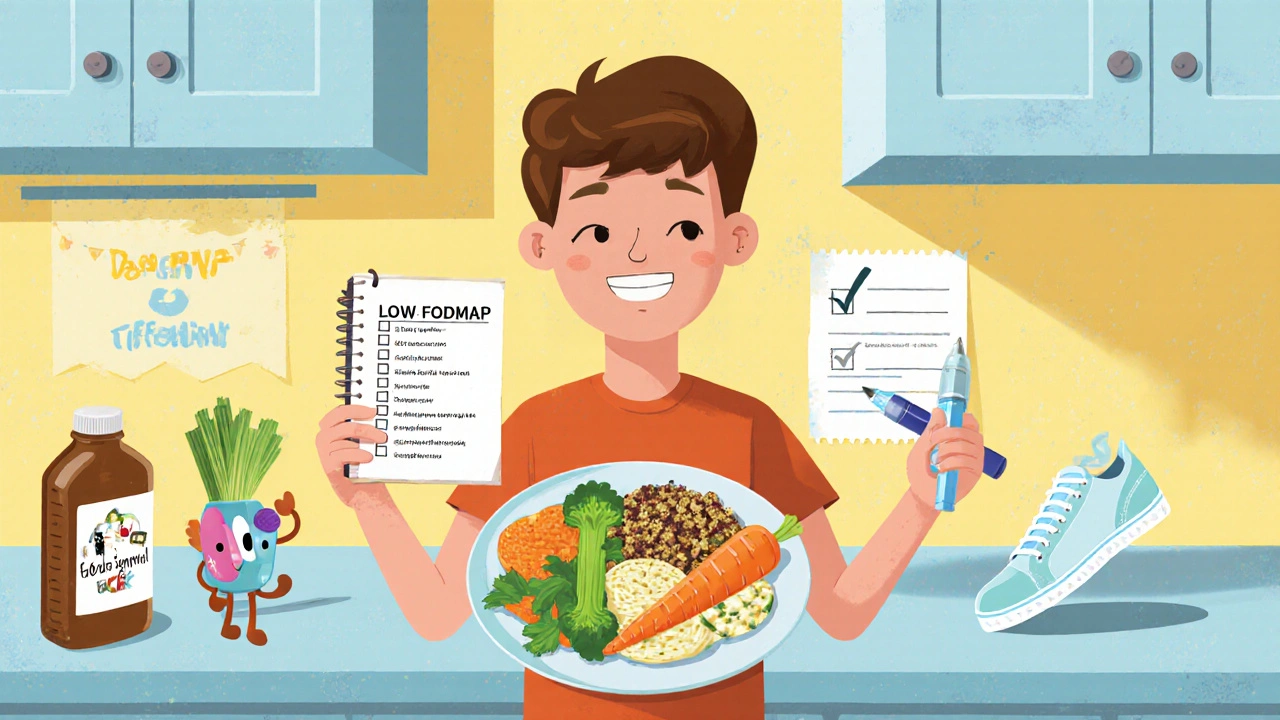 Cheerful scene of low‑FODMAP foods, journal, probiotics, and walking after meals.