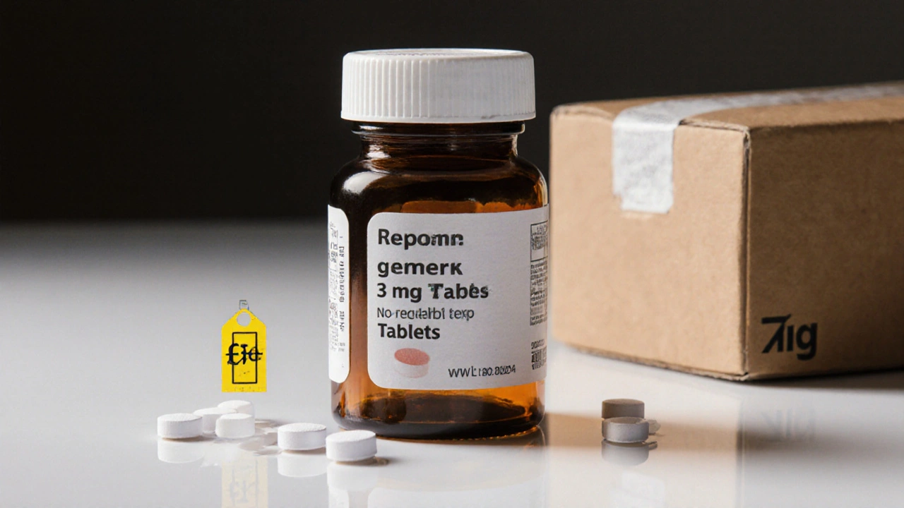Clear bottle of generic 3 mg ivermectin tablets with price tag and shipping box.