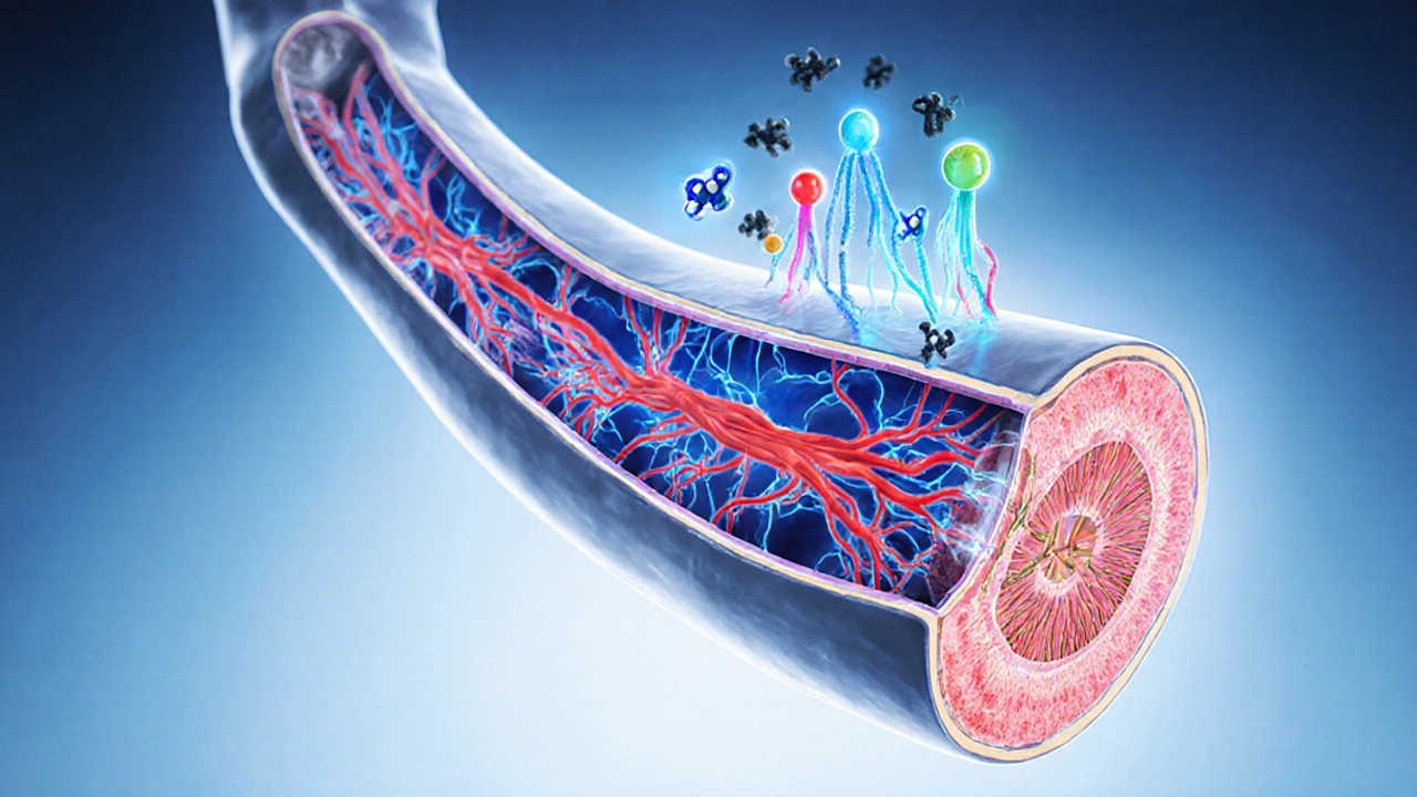 Cross‑section of penis showing blood flow and Alprostadil acting on receptors.