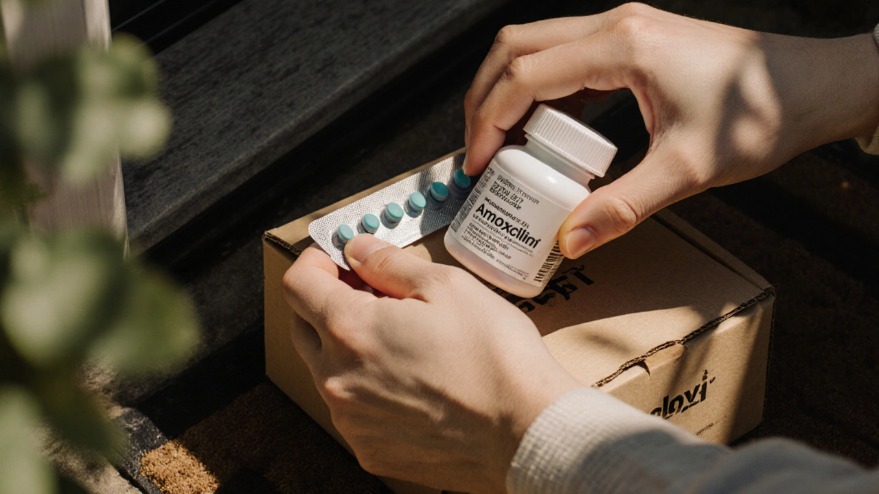 Customer inspecting delivered amoxicillin tablets for correct imprint and packaging.