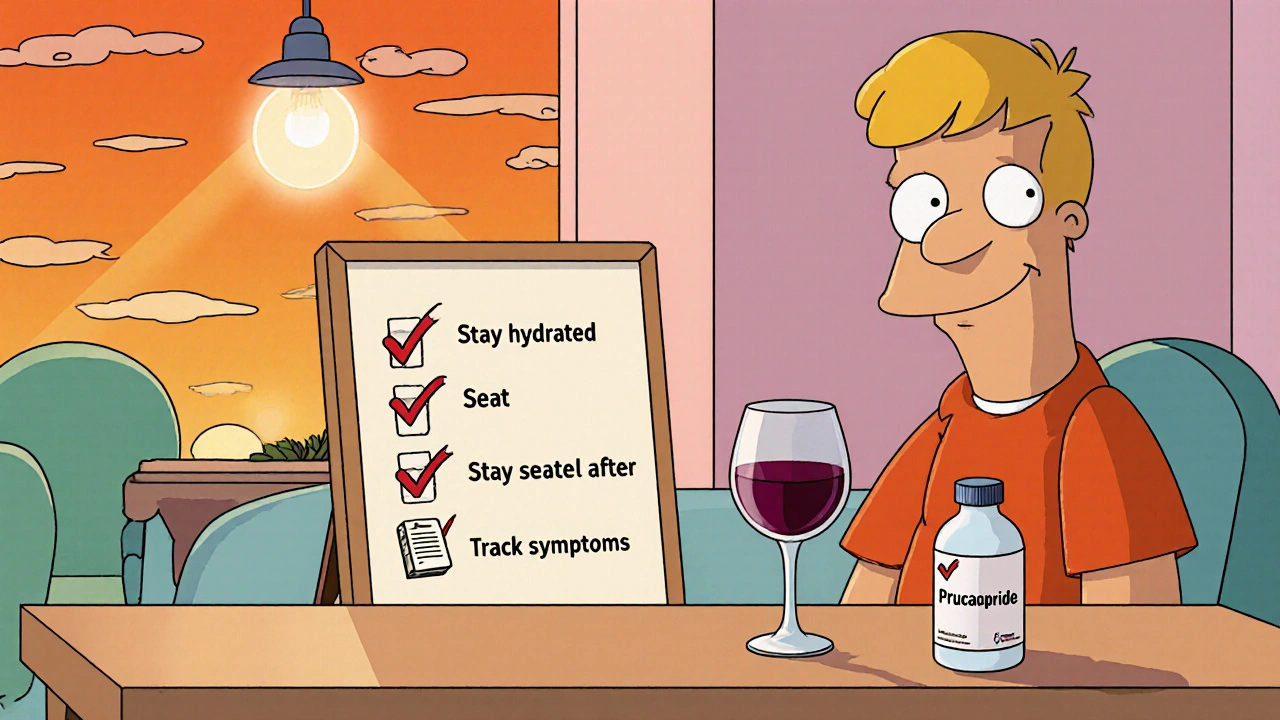 Dinner scene with wine glass, pill bottle, and checklist icons for hydration, seating, and symptom tracking.