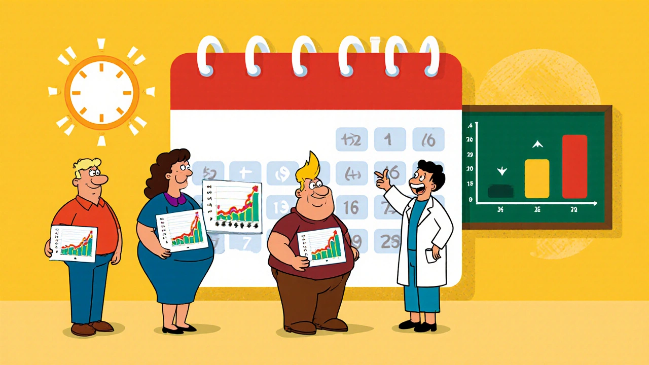 Diverse people view calendars and charts showing glucose drops, with doctor pointing at graph.