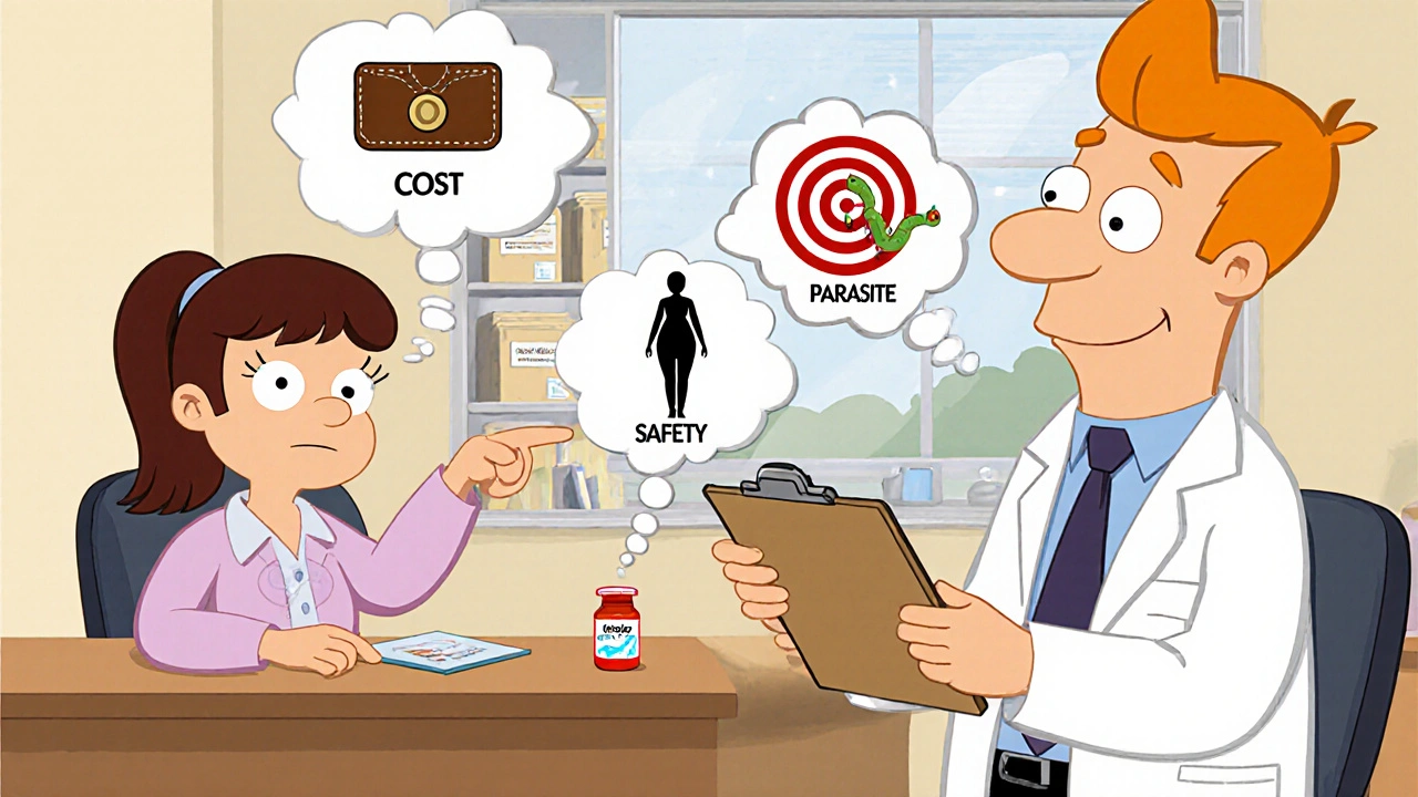 Doctor and patient discussing medication, with thought bubbles showing cost and safety.
