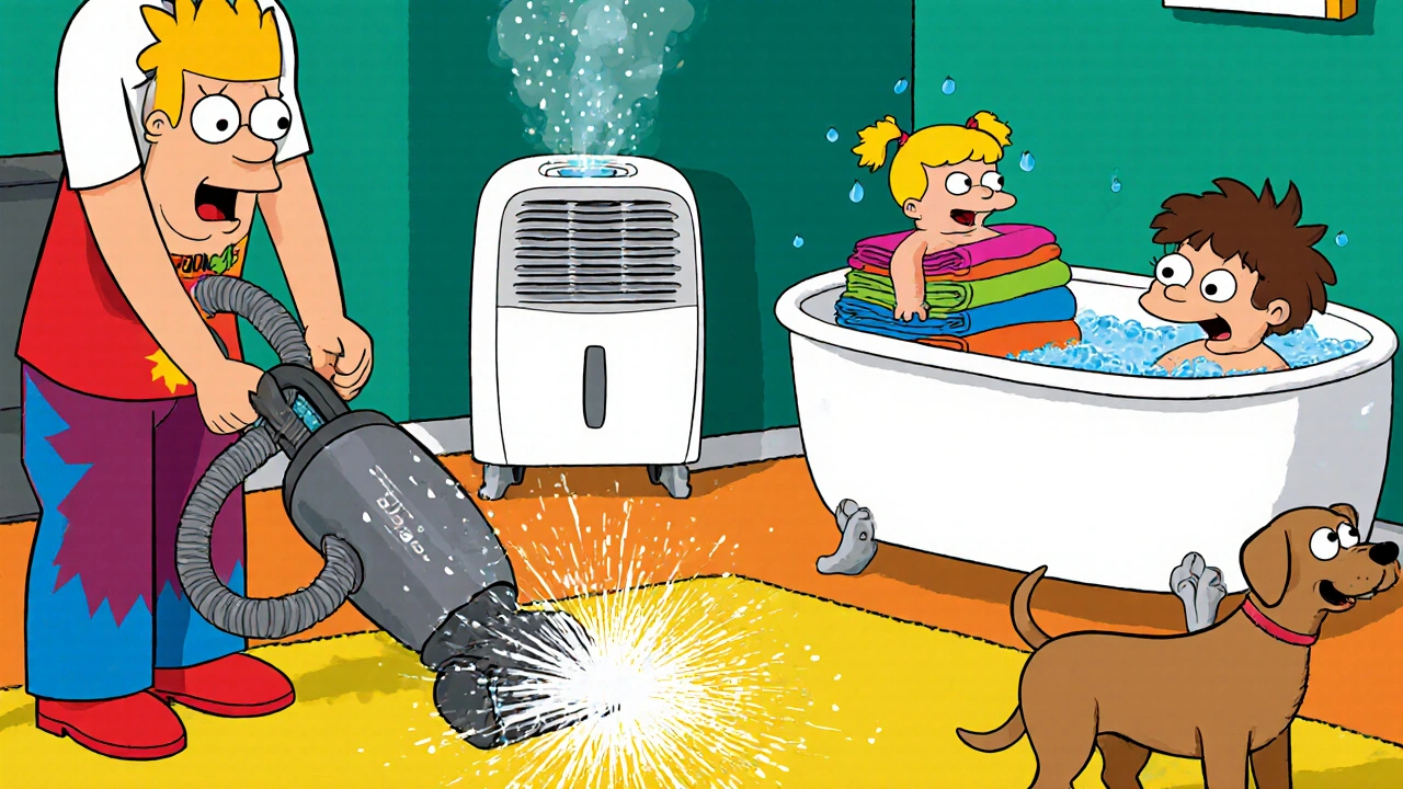 Family using HEPA vacuum, dehumidifier, washing sheets, and bathing a dog to reduce indoor allergens.