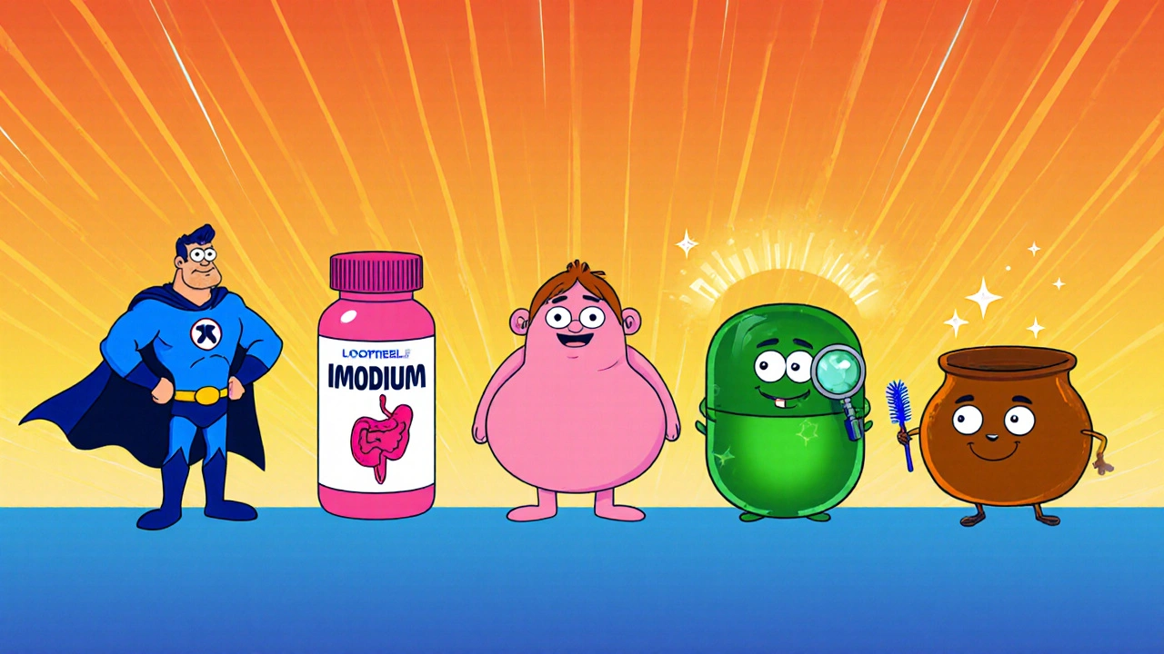 Five cartoon characters personify antidiarrheal meds, each with distinct look on a bright stage.