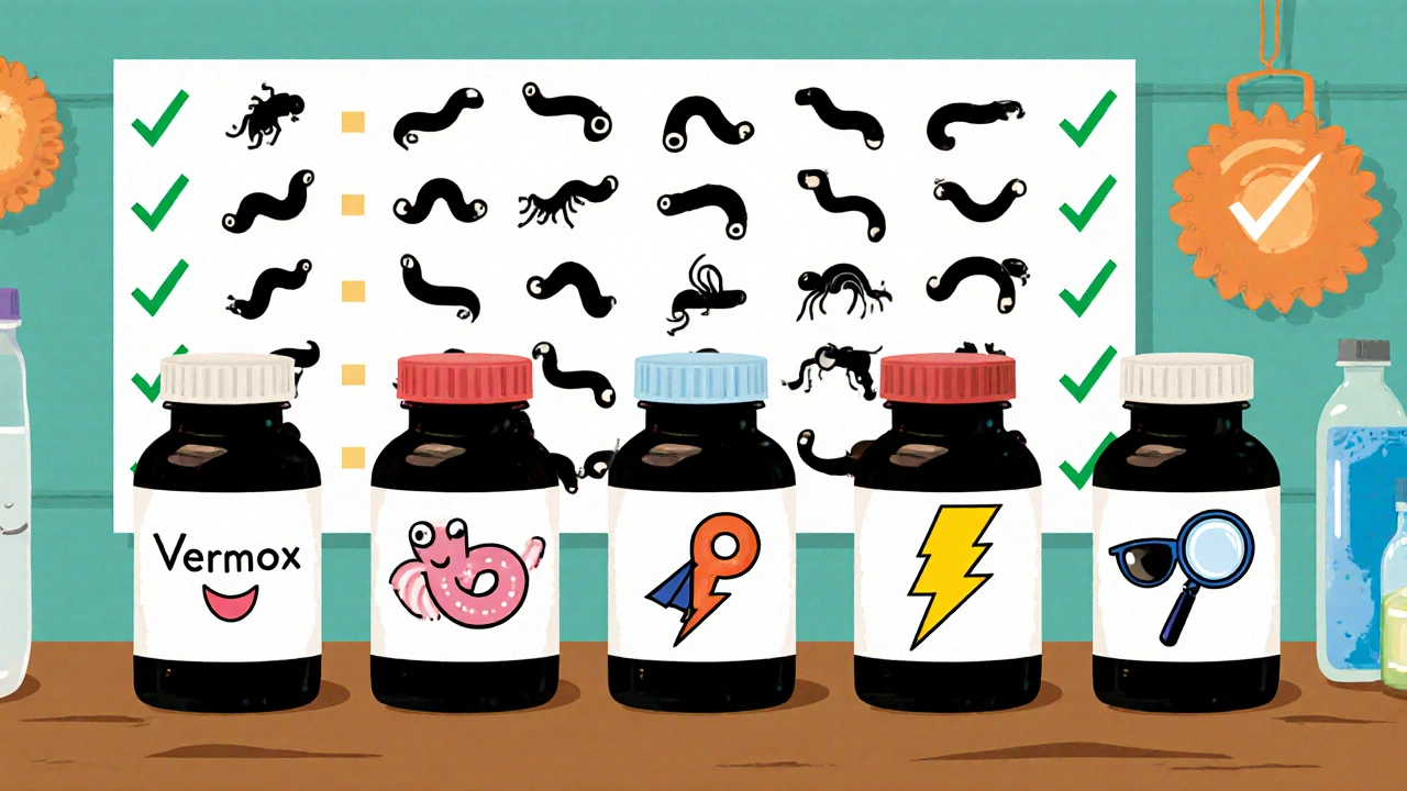 Five cartoon pill bottles with worm icons on a lab bench, plus a chart of worm silhouettes.
