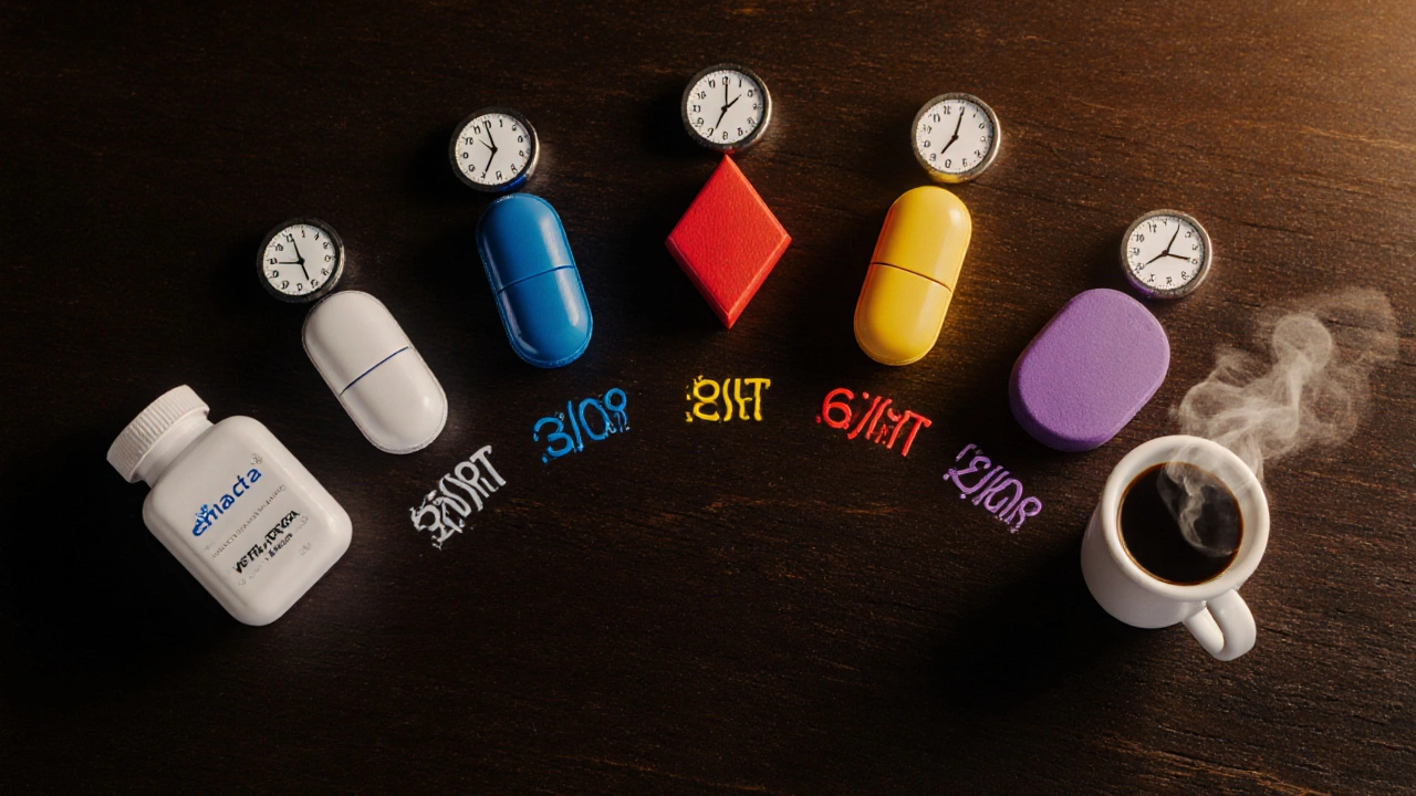 Flat‑lay of six ED pills with clocks and a coffee cup illustrating onset times.