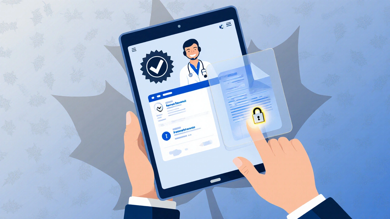 Hand uploading a prescription on a secure Canadian pharmacy app with pharmacist avatar.