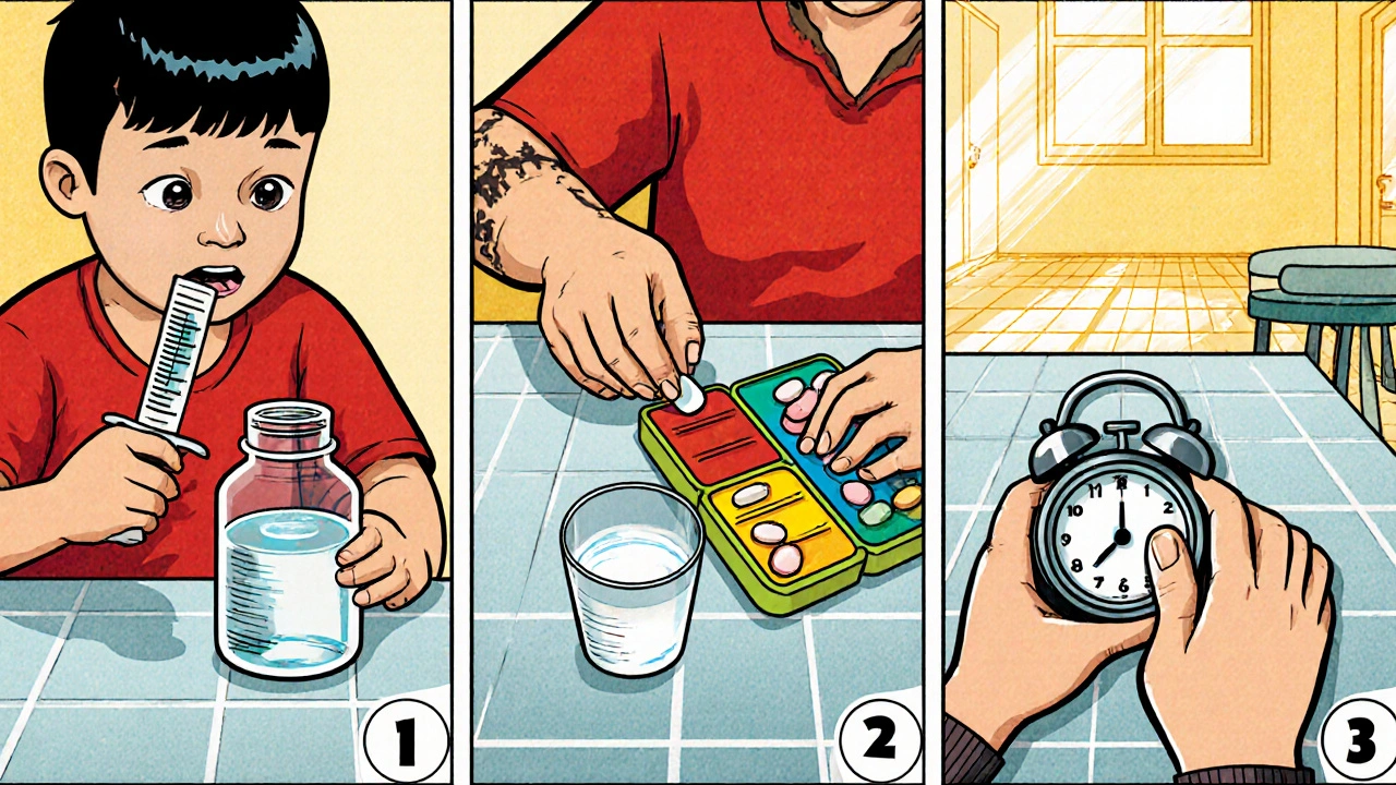 Kitchen table shows a child measuring liquid Cefaclor, an adult organizing tablets, and an alarm being set.