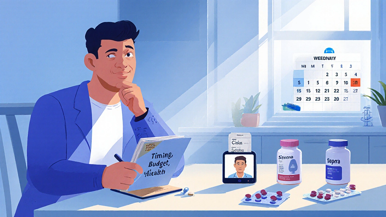 Man reviewing medication options with notebook and phone at a kitchen table.