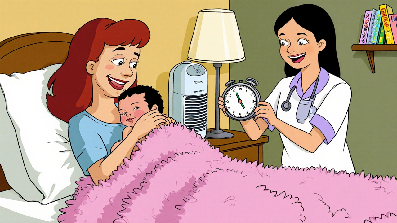 Newborn skin‑to‑skin with mother, partner, and nurse in a cozy post‑birth scene.