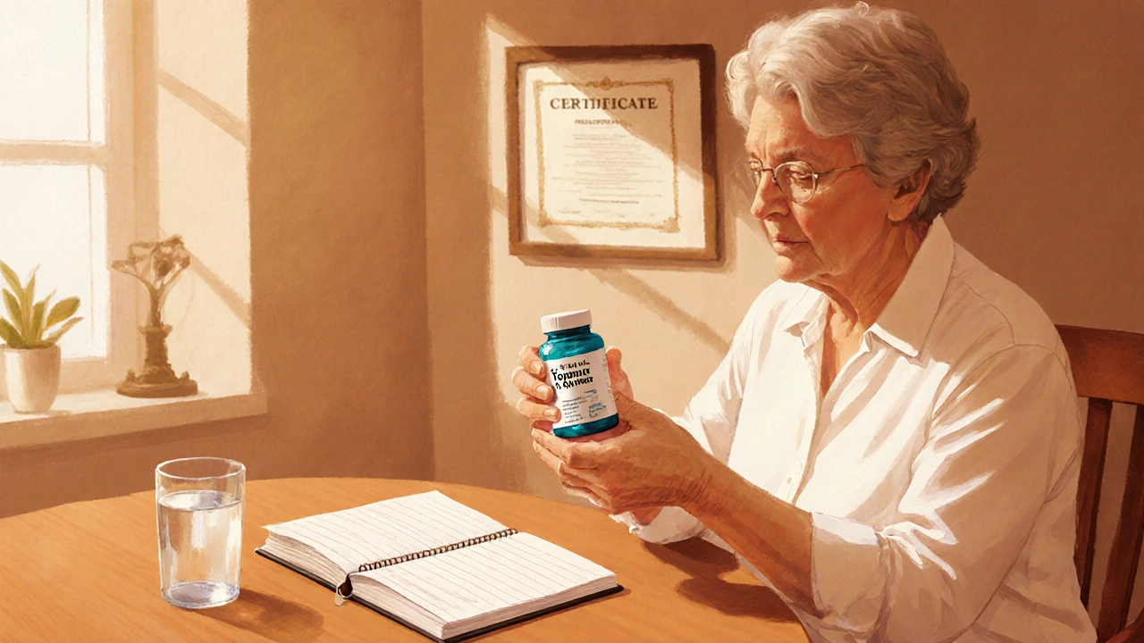 Patient at kitchen table reviewing Topamax bottle and symptom log.