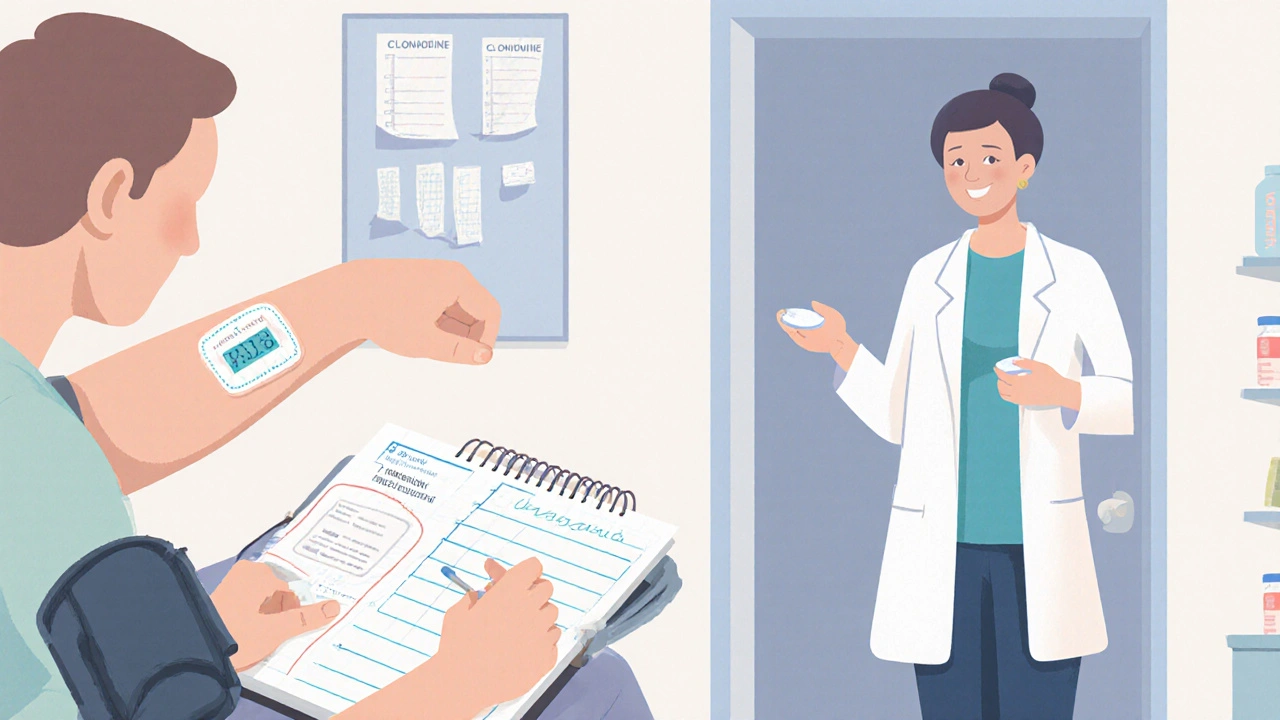 Patient logging blood pressure at home with a clonidine patch and pharmacist nearby.