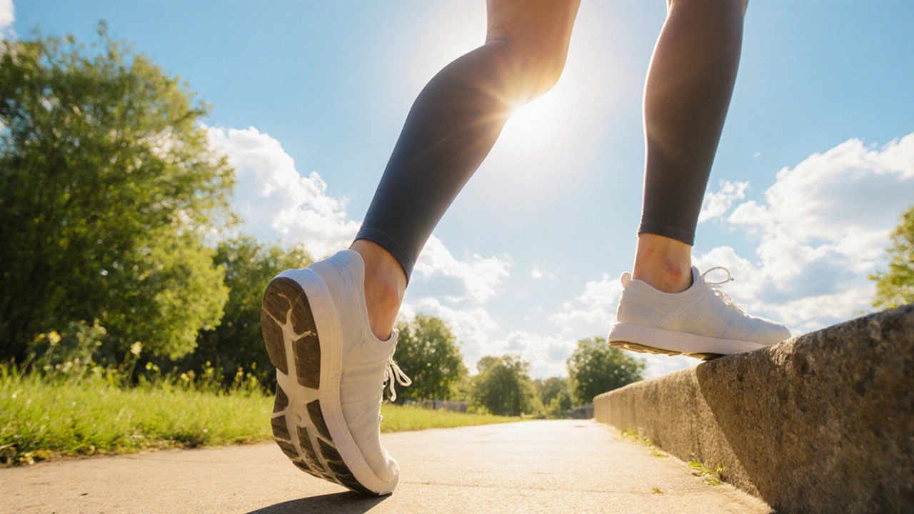 Person walking outdoors wearing compression stockings, doing calf raises, with bright sky indicating healthy leg circulation.