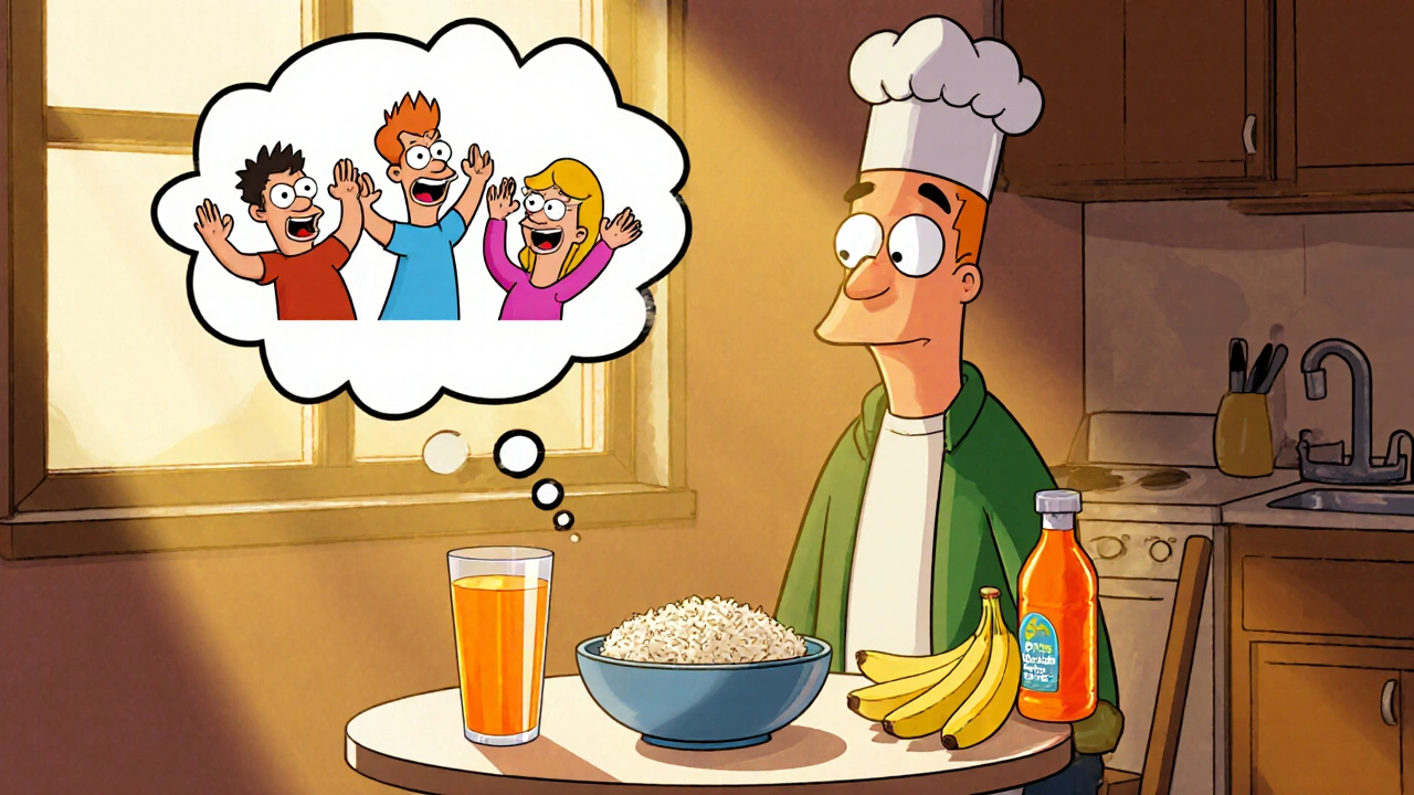 Relaxed cartoon adult drinking rehydration solution at kitchen table, thought bubble shows cheering med characters.