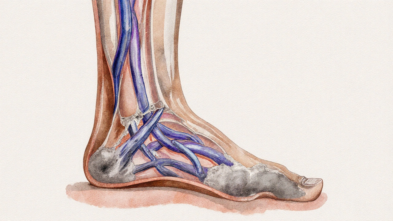 Side view of a leg showing swollen skin, brown discoloration, and bulging varicose veins above a scarred valve.