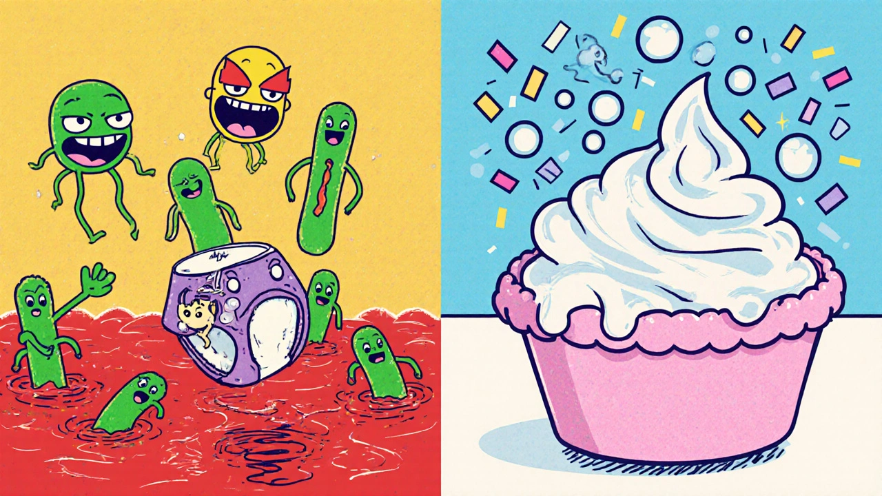 Split-panel of a baby’s diaper area changing from infected redness to calm pink, with bacteria fleeing and zinc oxide paste forming a protective shield.