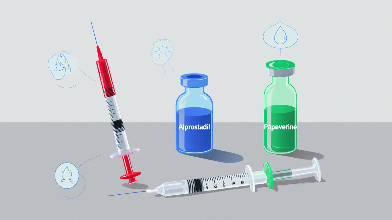 Three syringes representing Alprostadil, Papaverine, Phentolamine, and Trimix with side‑effect icons.