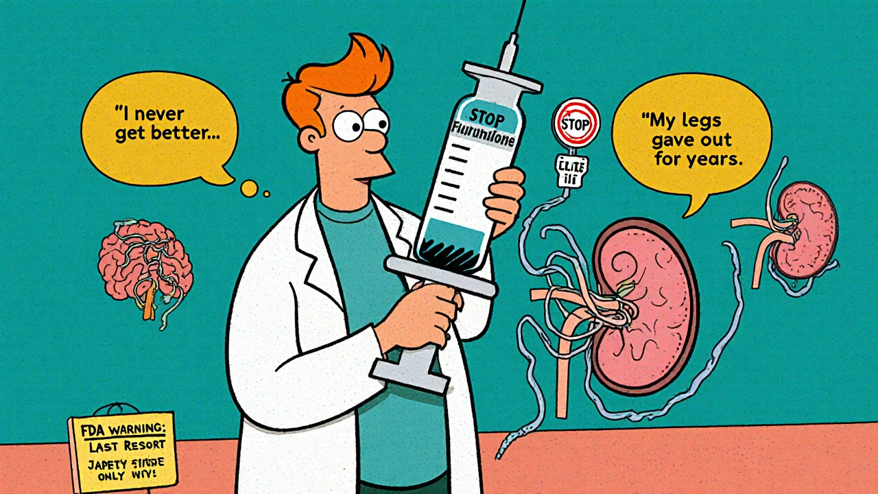 A doctor offering a fluoroquinolone syringe as a patient&#039;s brain and kidney show damage signs.