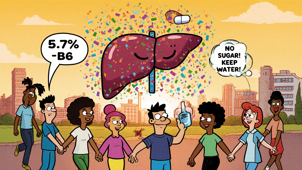 A group of people celebrating around a happy liver shedding fat, with pills, veggies, and walking figures in the background.