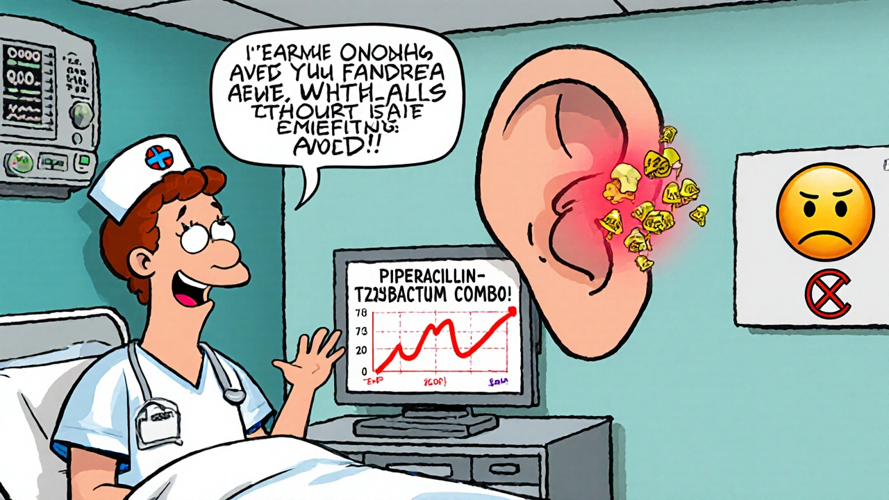 A nurse asking a patient about ear ringing in an ICU, with a glowing warning alert and rising creatinine monitor.