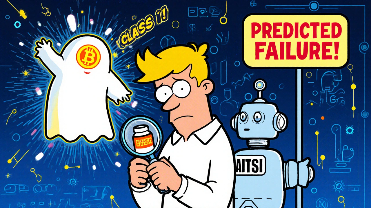 A patient checking a pill while a ghost warns of a Class I recall, with blockchain and AI tech in background.