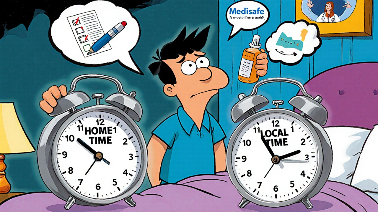 A person torn between two alarm clocks, with medication bottles arguing while a superhero app hovers above.