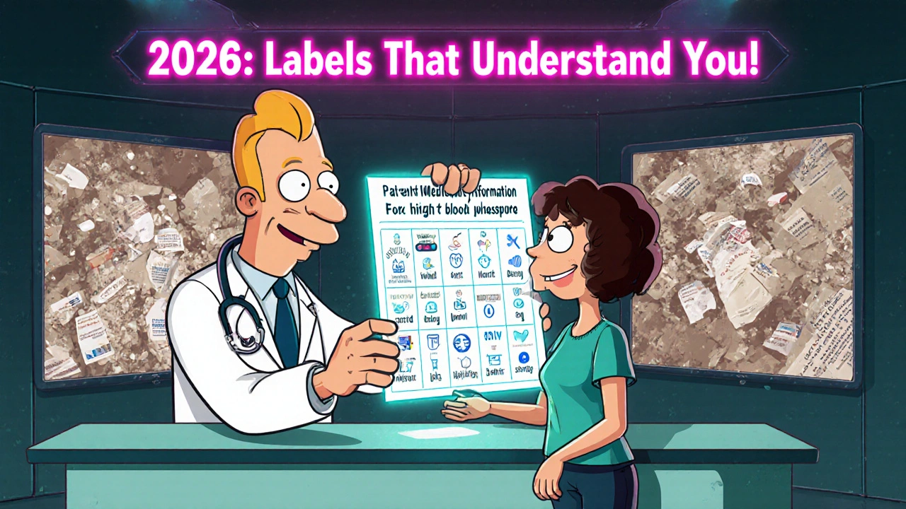 A robotic pharmacist hands a patient a clear, illustrated PMI sheet as old confusing labels crumble away in the background.