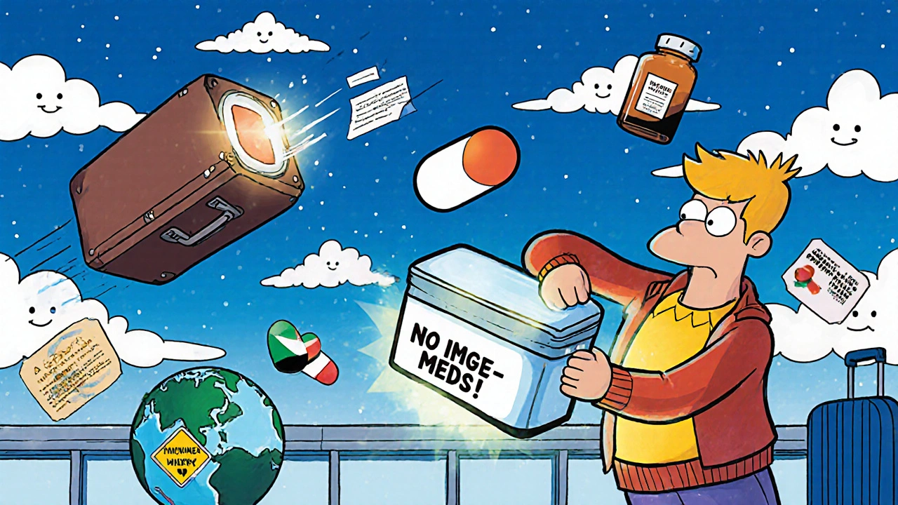 A suitcase flying away as a traveler pulls out an insulated insulin cooler, surrounded by medical icons and global warning signs.