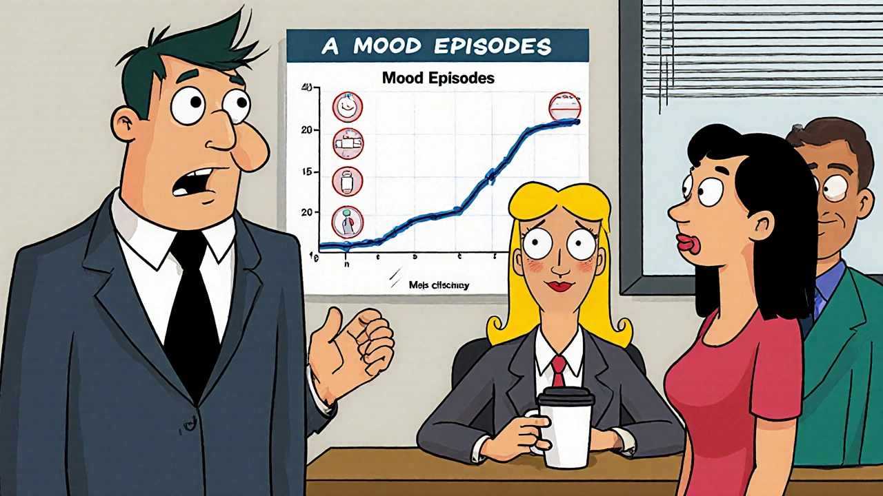 A workplace moment where a person explains bipolar disorder as a medical condition, coworkers reacting with growing understanding.