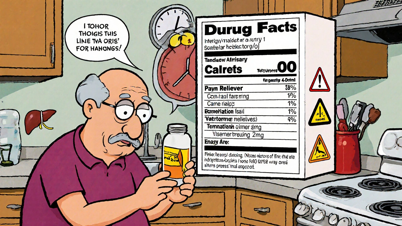 An elderly man struggles to read a tiny prescription label while a giant Drug Facts box appears above him in cartoon style.