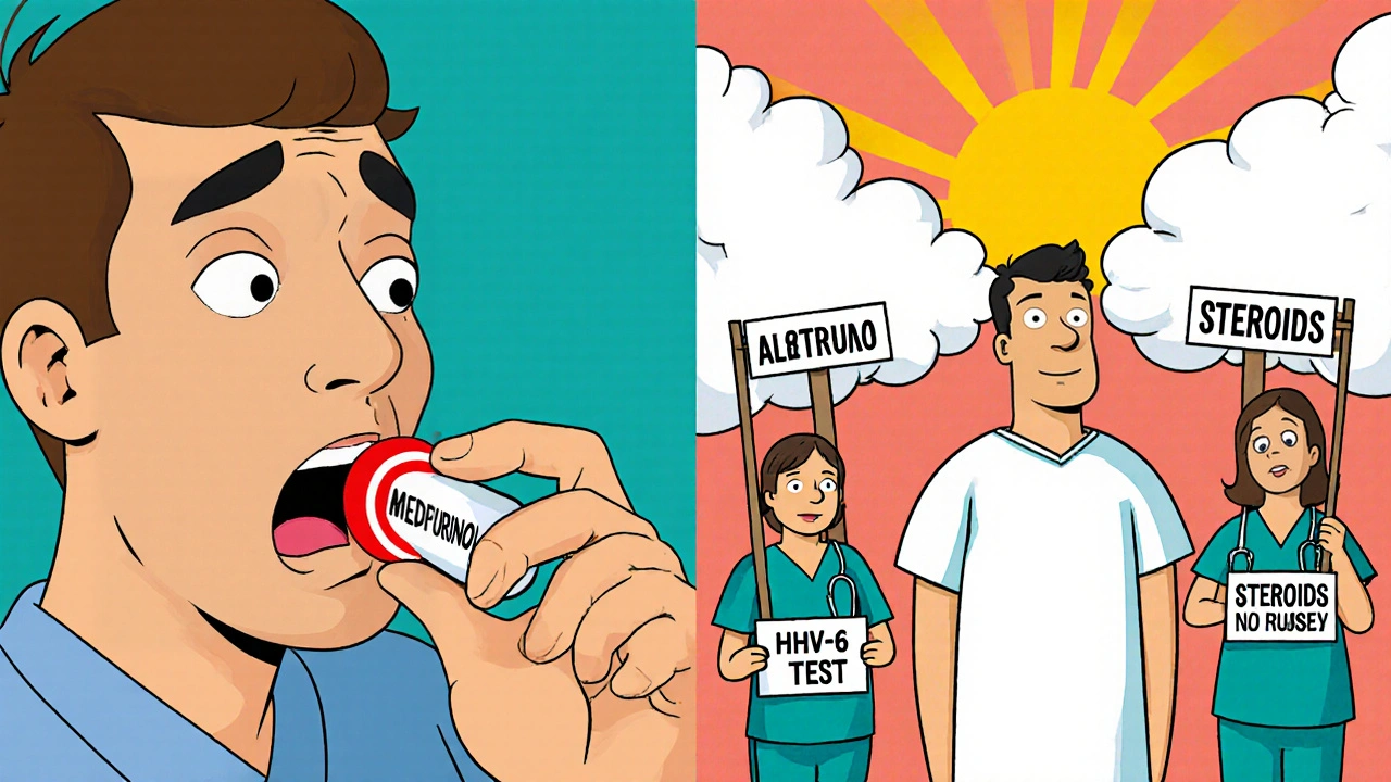 Before-and-after cartoon: patient taking allopurinol vs. receiving treatment in hospital with medical signs.