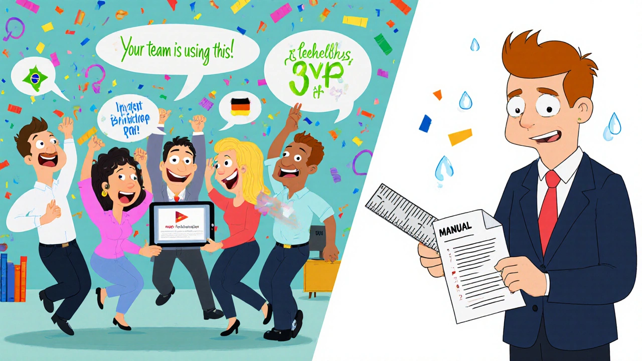 Brazilian coworkers celebrate using a telehealth app with social proof bubbles, while a German employee stares at a long manual.